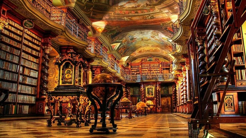 Ornate Library Interior — Brown, Dramatic, Photograph, Bookshelves, Globe