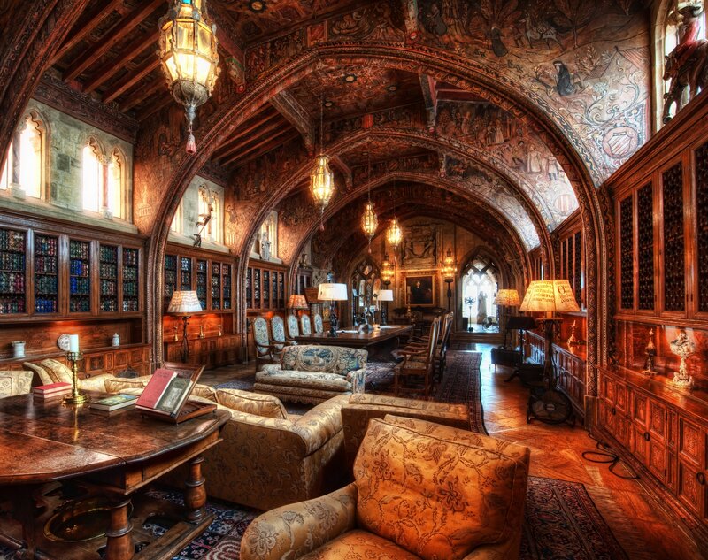 Ornate Library Interior — Brown, Dramatic, Photograph, Bookshelves