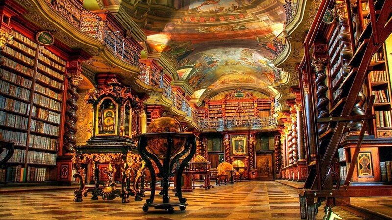 Ornate Library Interior — Brown, Grand, Photograph, Bookshelves, Globes