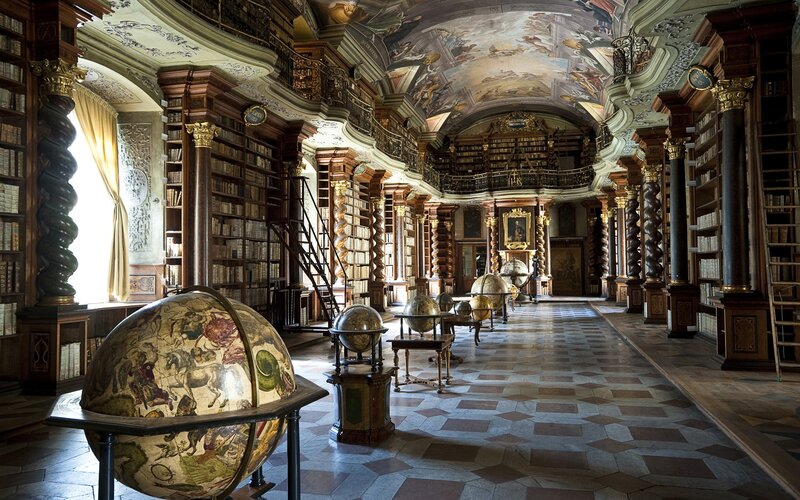 Ornate Library Interior — Brown, Grand, Photograph, Globes