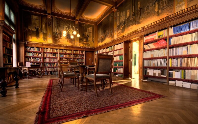 Ornate Library Room — Brown, Dramatic, Photograph, Bookshelves, Chandelier