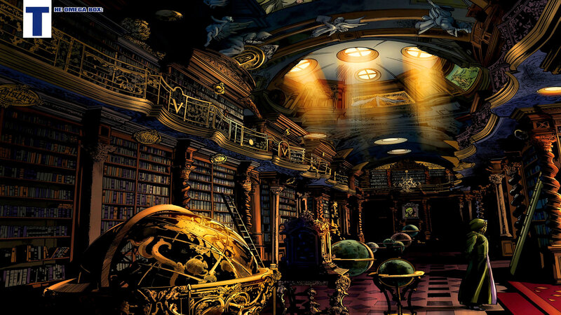 Ornate library with celestial models