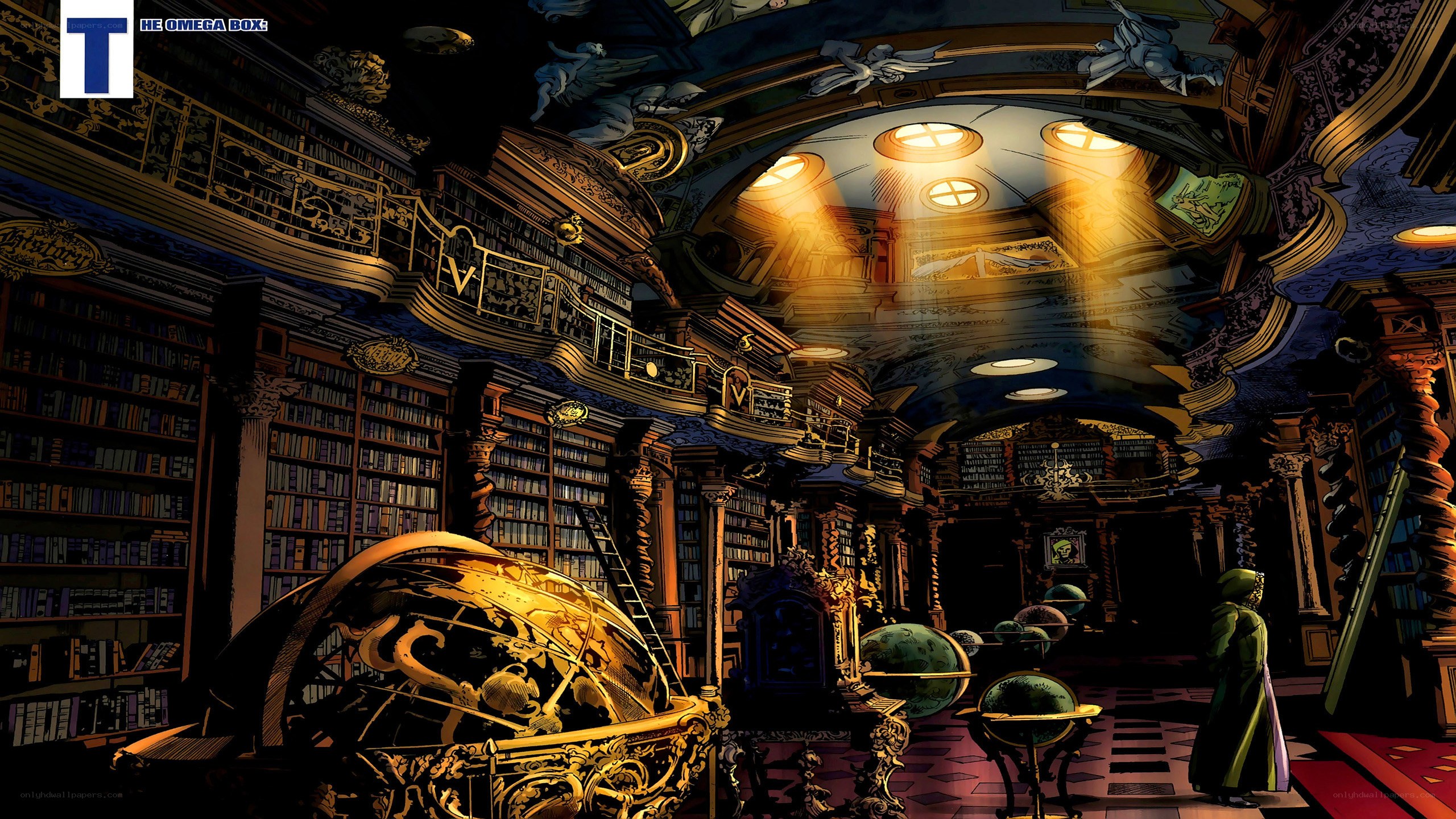 Ornate library with celestial models