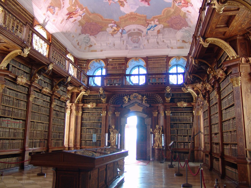 ornate library with fresco ceiling
