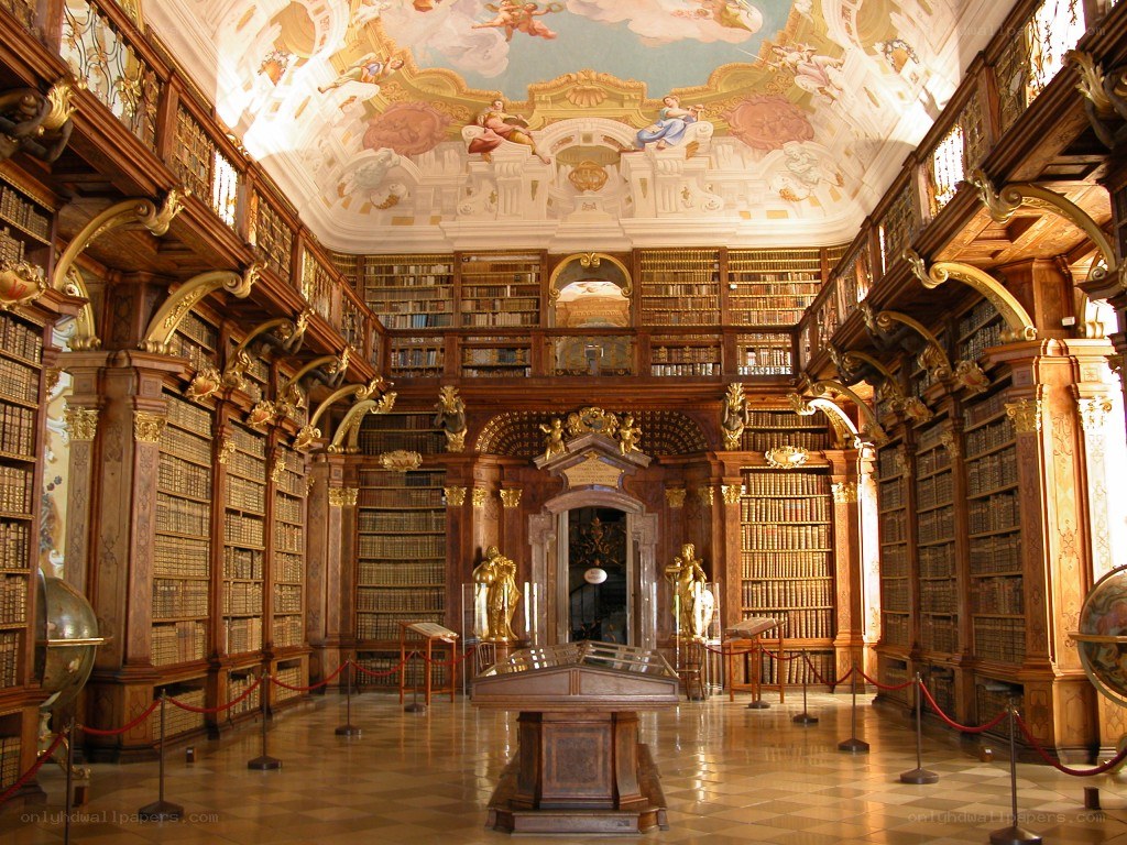 ornate library with fresco ceiling