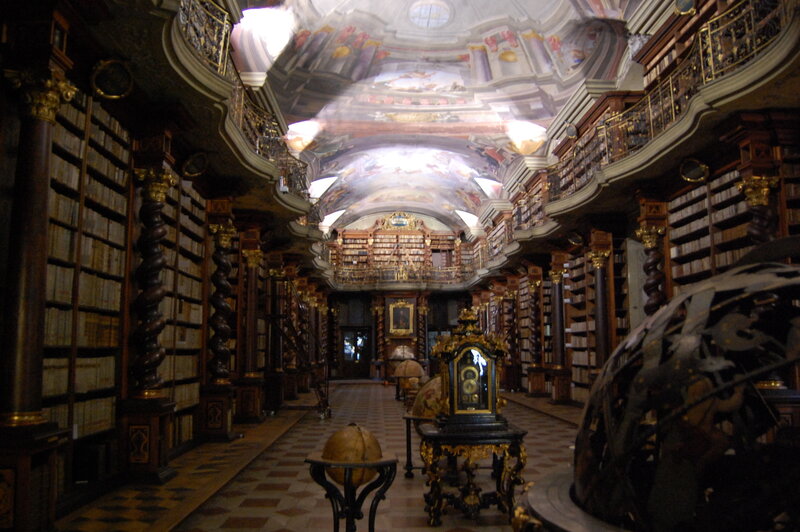 ornate library with frescoes