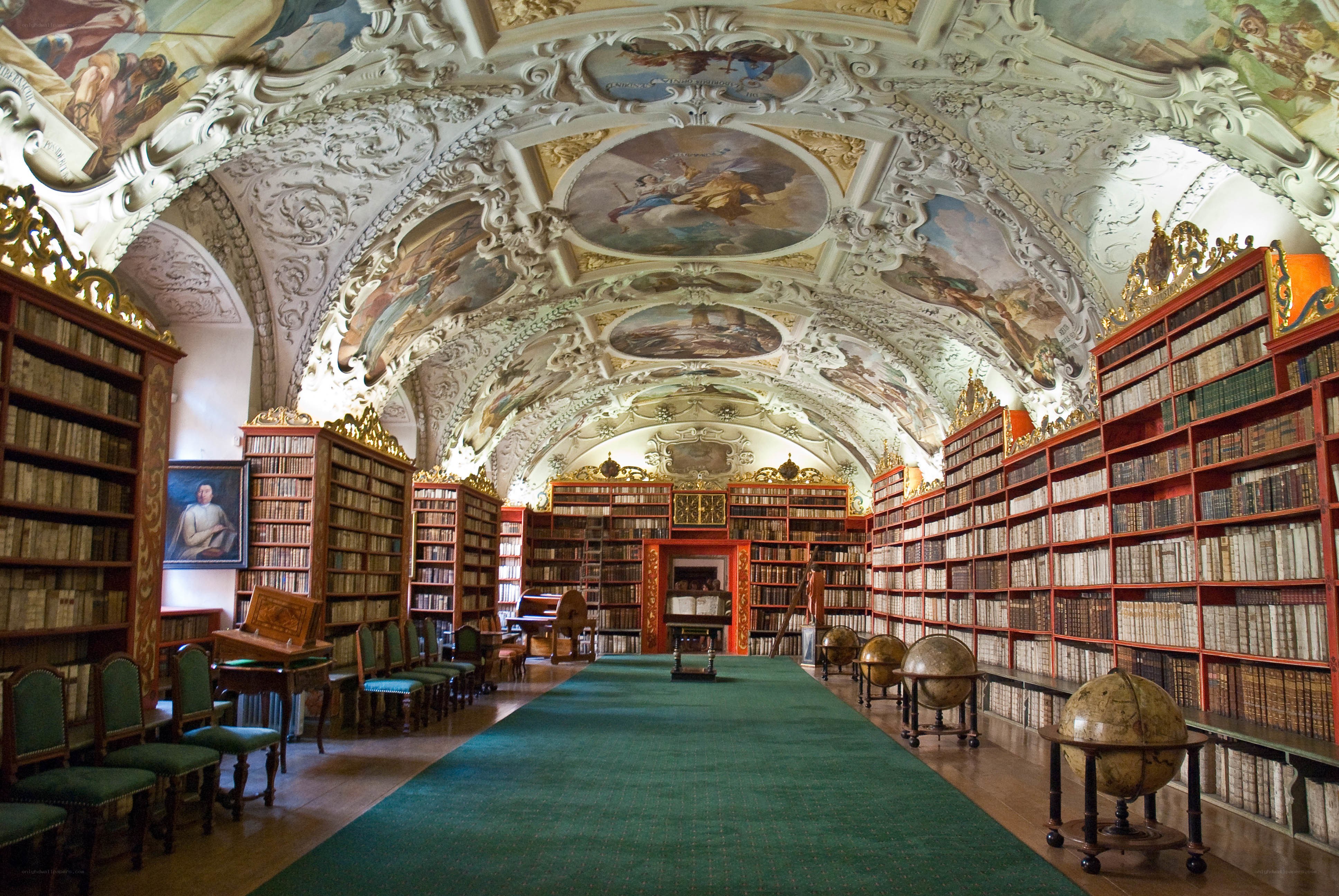 ornate library with globes
