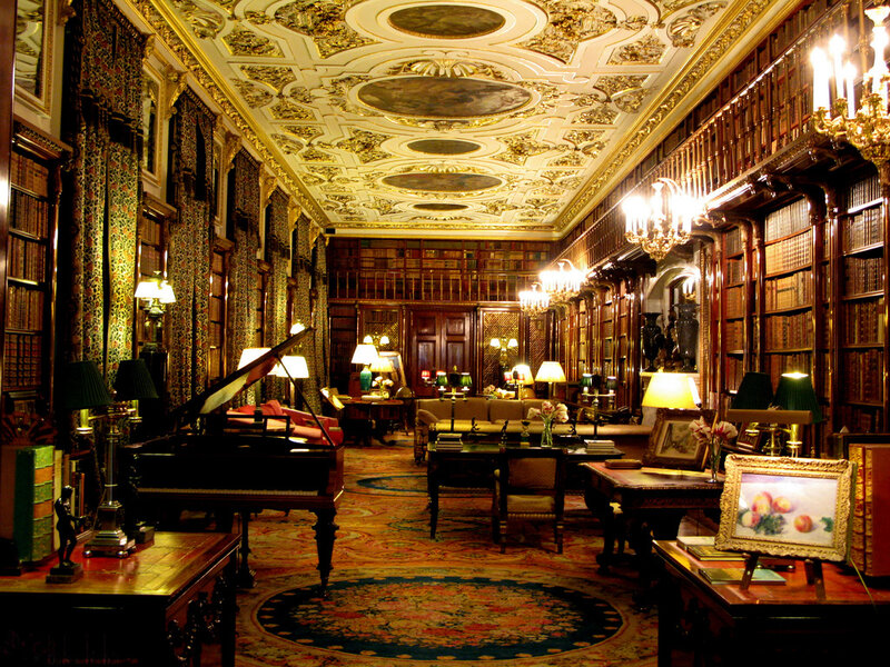 ornate library with grand piano