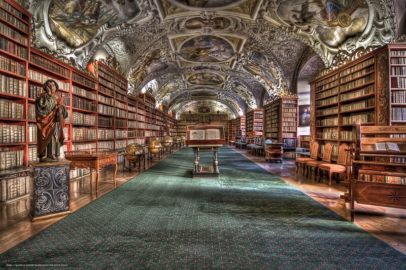 Ornate library with vaulted ceiling