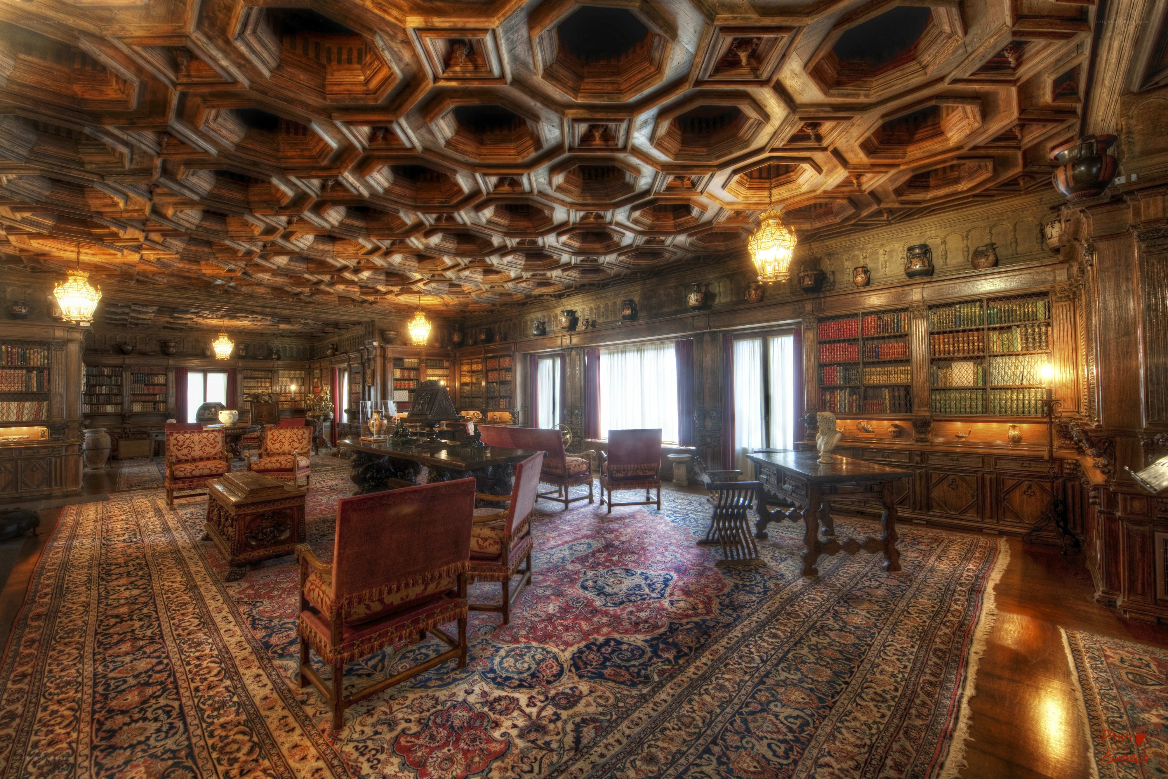 Ornate library with wooden ceiling