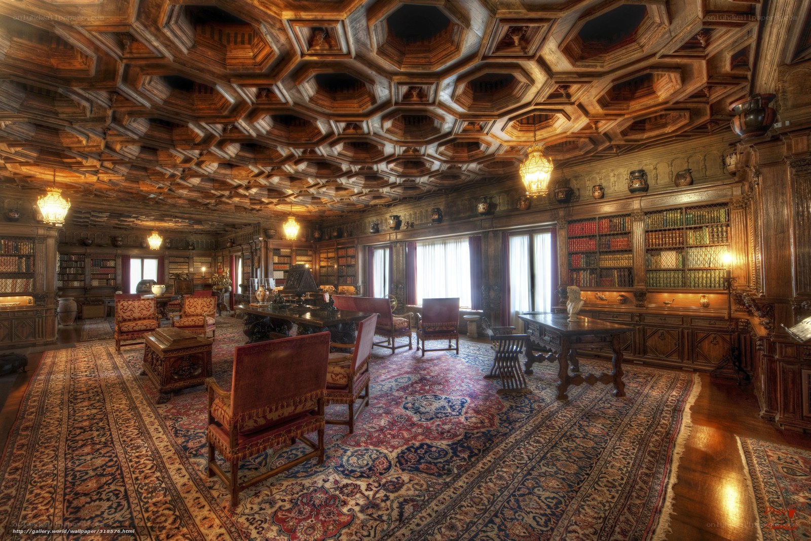 Ornate library with wooden ceiling