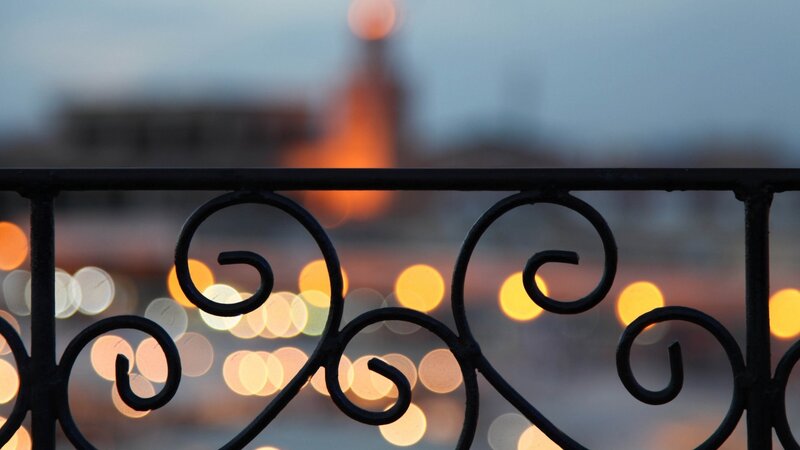 Ornate Metal Railing — Black, Serene, Sunset
