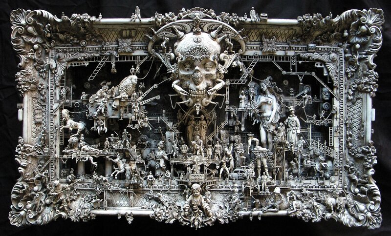 Ornate metal sculpture with skull