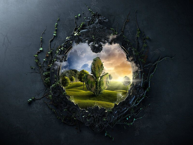 Ornate mirror reveals a lush landscape