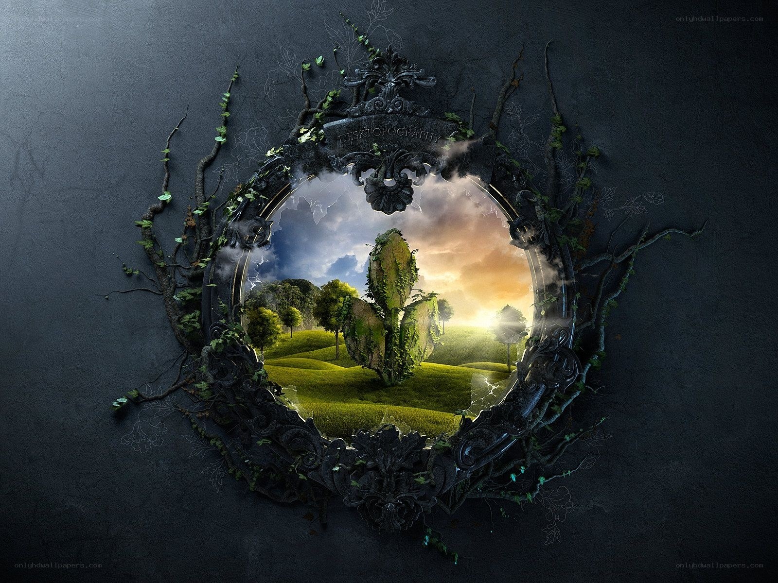 Ornate mirror reveals a lush landscape