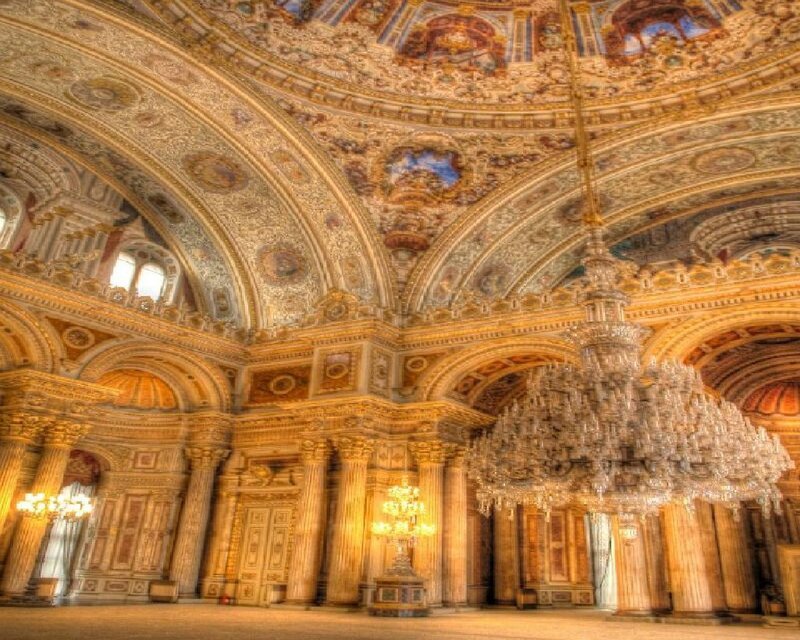 Ornate palace hall with chandelier