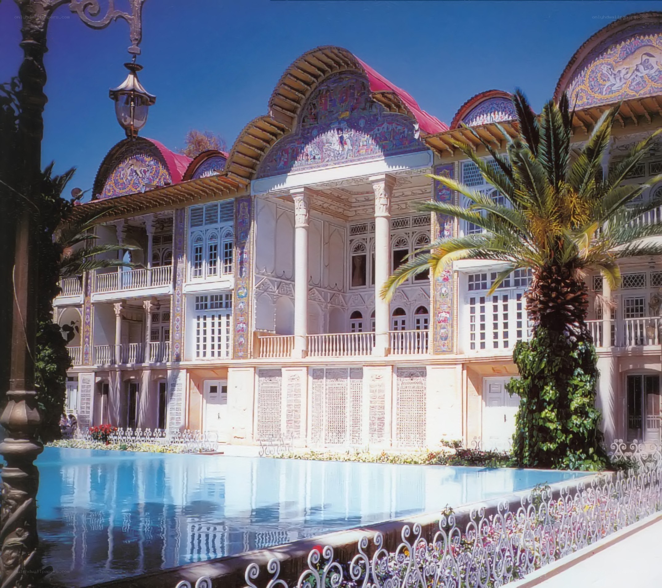 ornate palace with pool