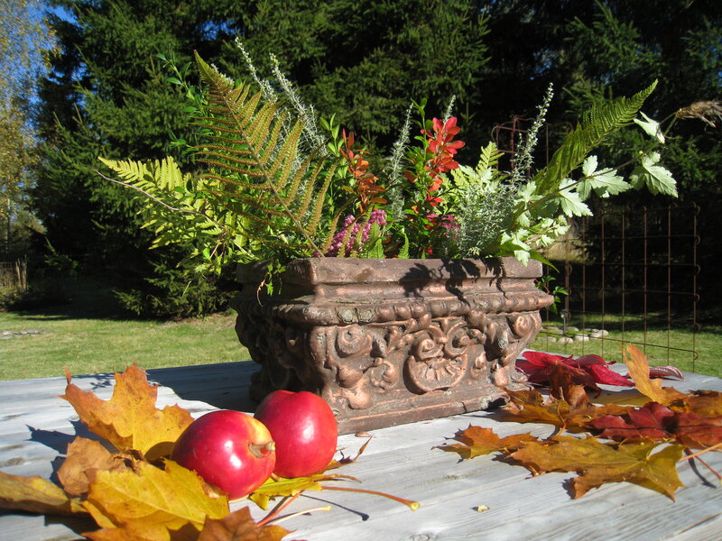 Ornate Planter with Autumn Leaves