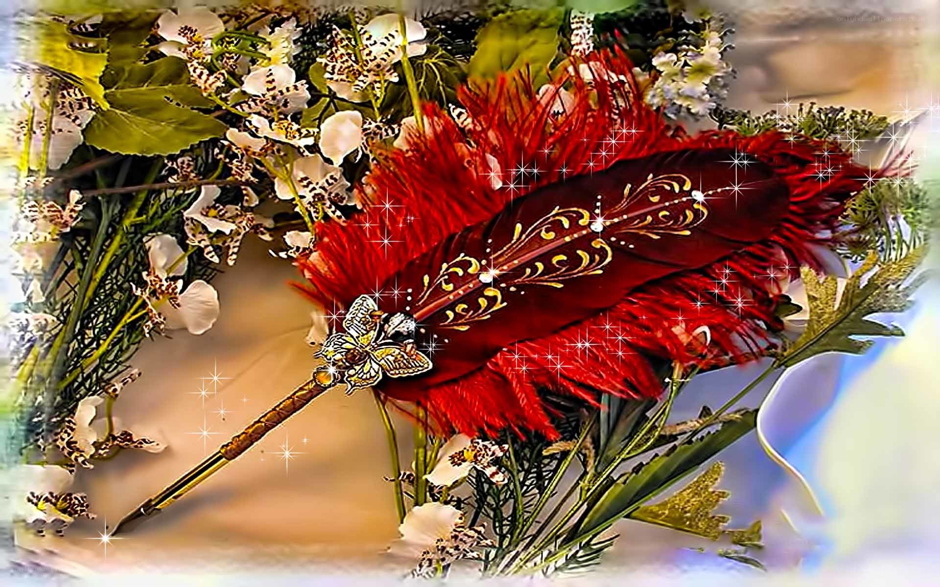 ornate red feather quill