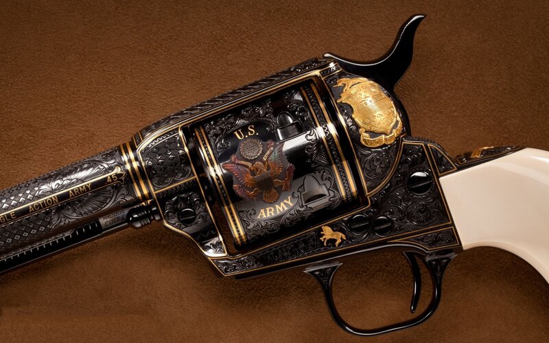 Ornate Revolver — Black, Dramatic, Photograph, Engraving