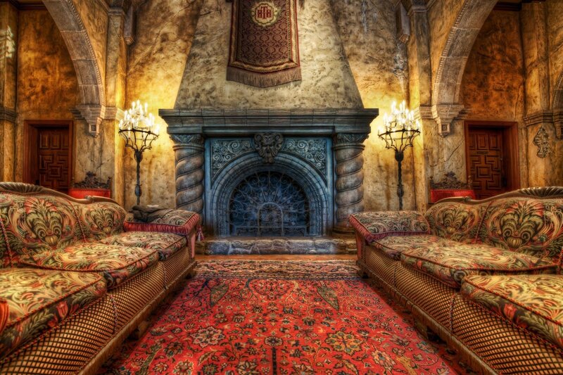 Ornate Room with Fireplace — Red, Dramatic, Photograph