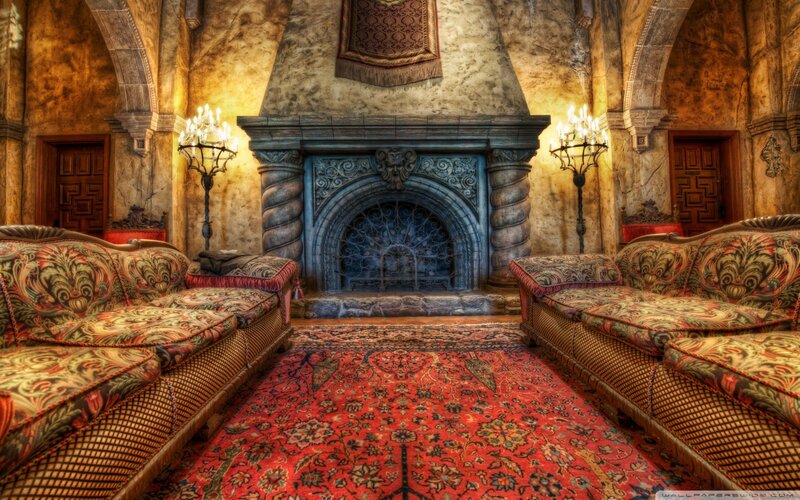 Ornate Room with Fireplace — Red, Dramatic
