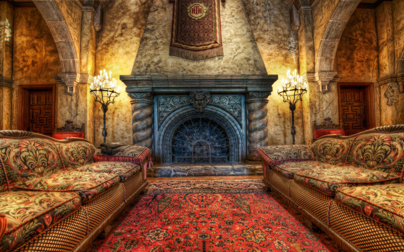Ornate Room with Fireplace — Red
