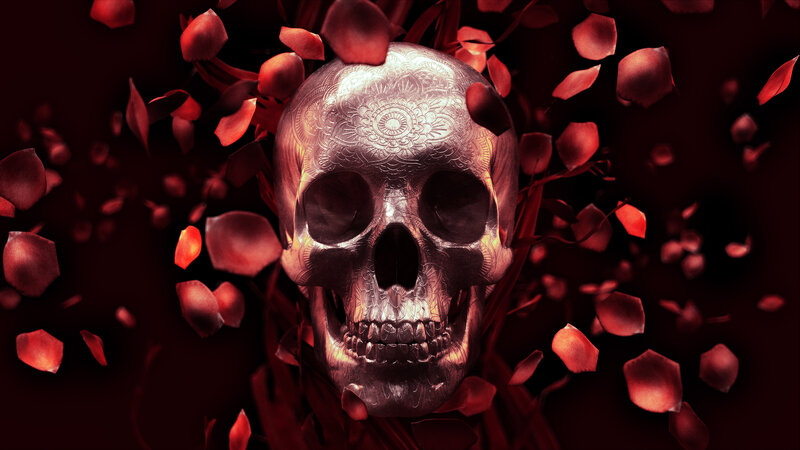 Ornate Skull with Rose Petals — Red