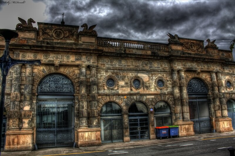 Ornate Stone Building — Gray, Dramatic