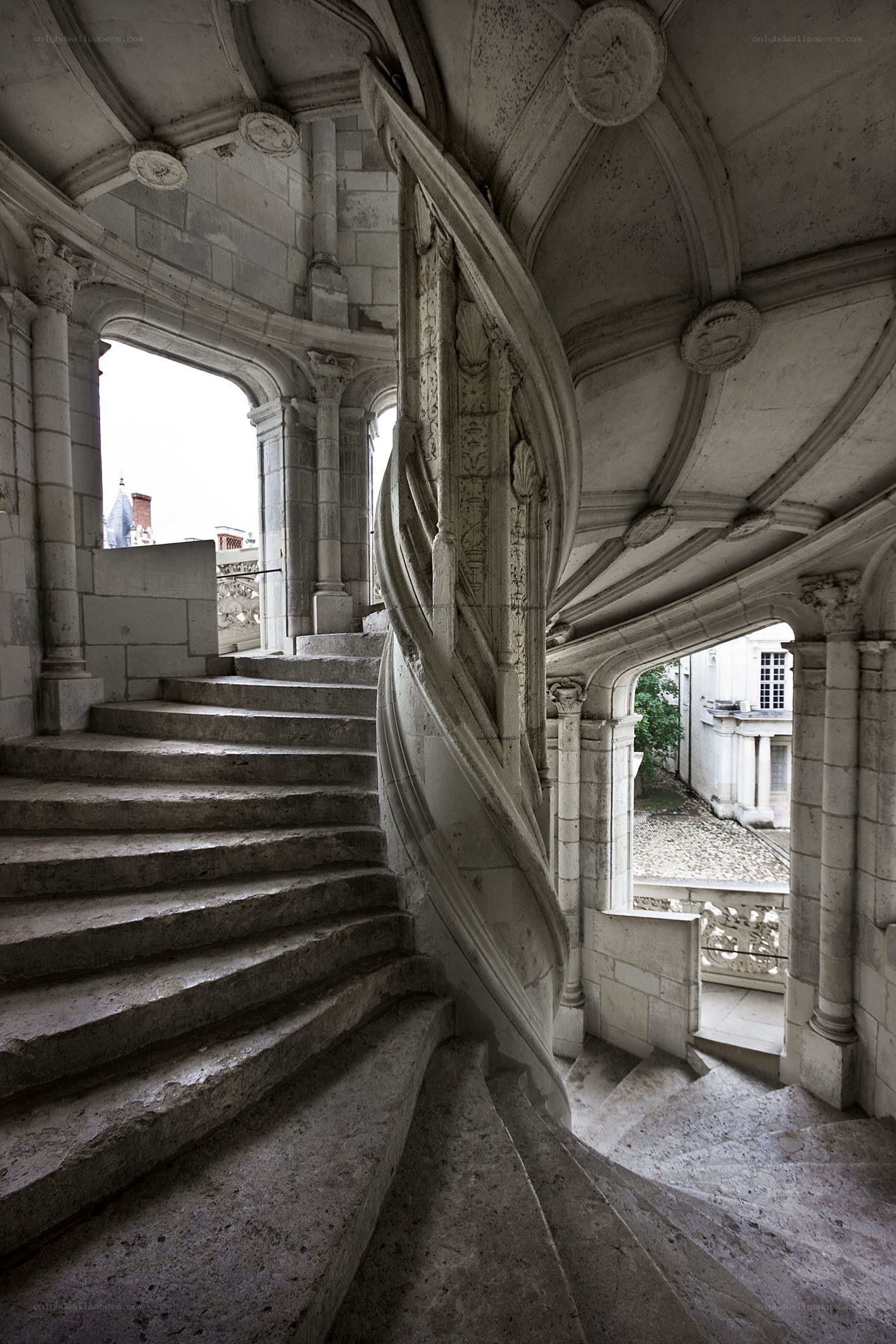 ornate stone spiral staircase