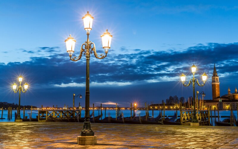 Ornate Street Lamps at Dusk — Blue