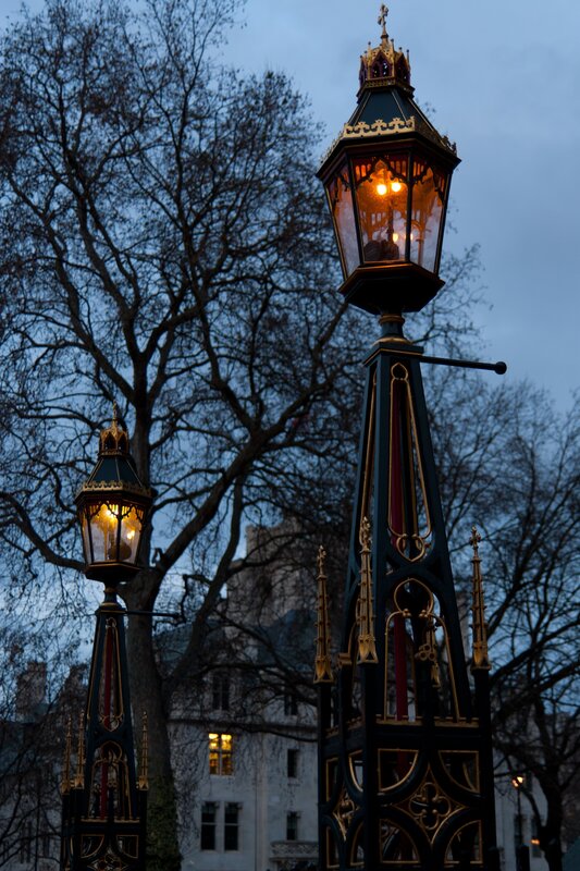 ornate street lamps at dusk