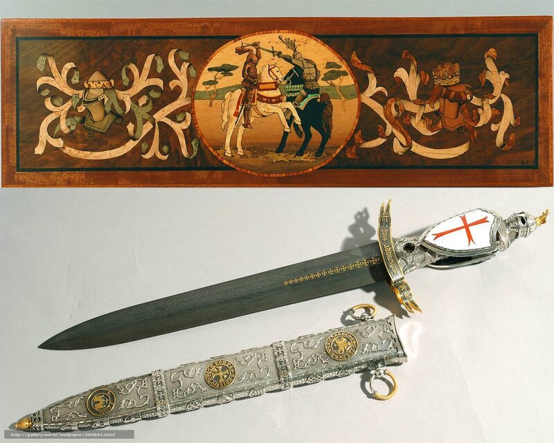 ornate sword and inlaid panel