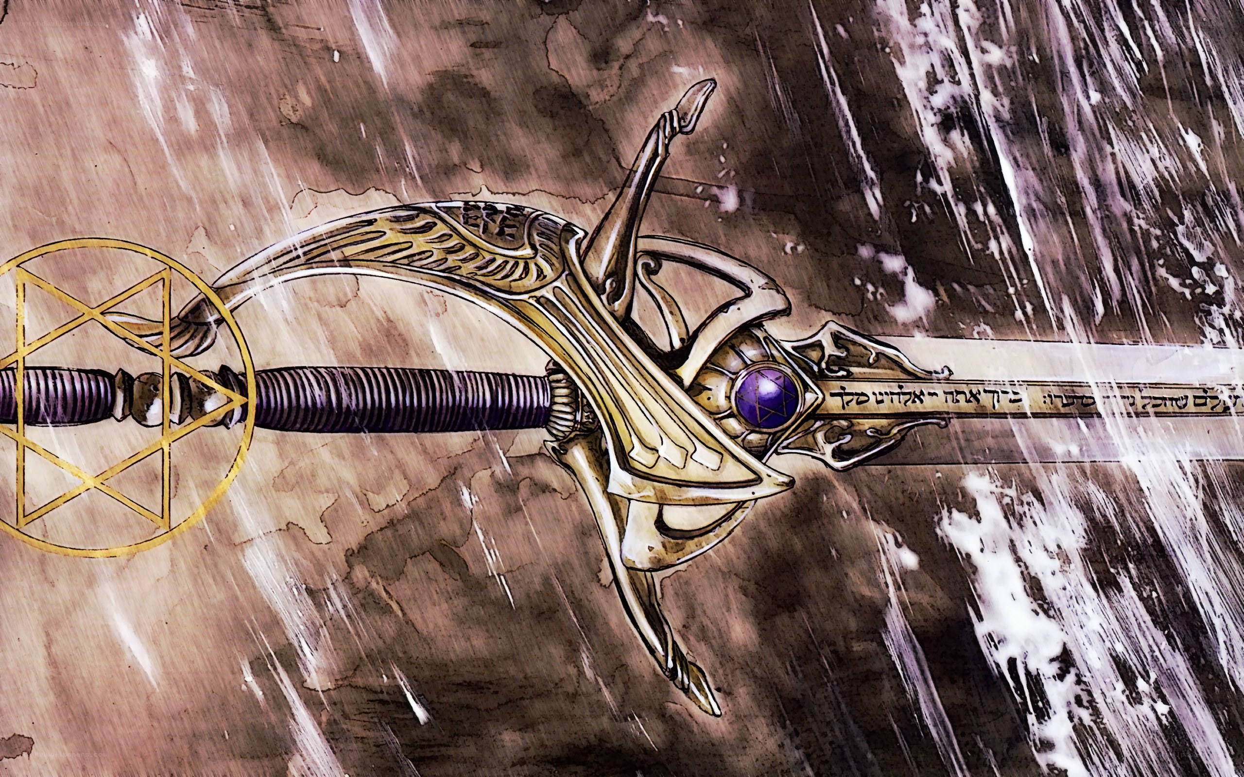 ornate sword in rain