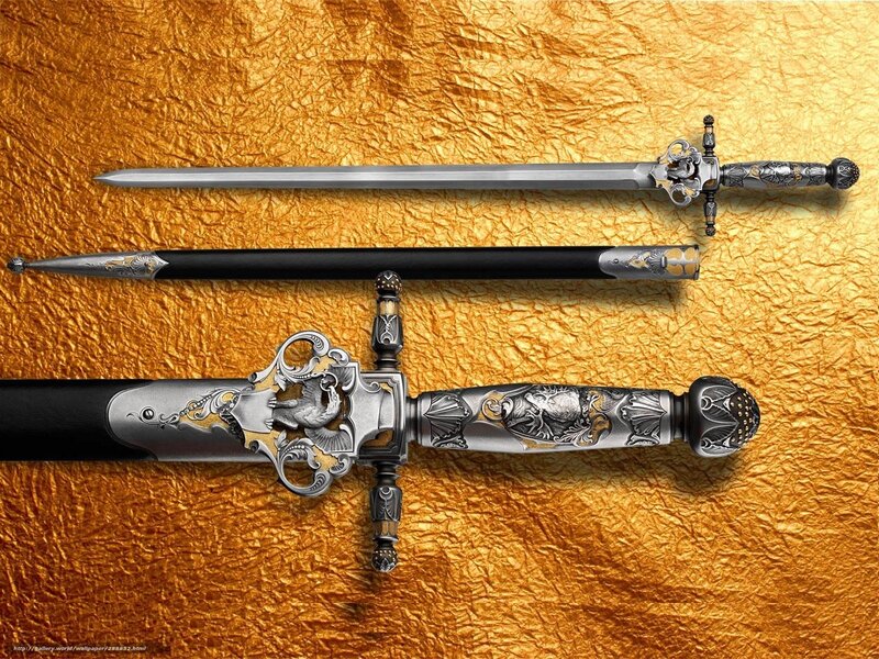 ornate swords on gold background