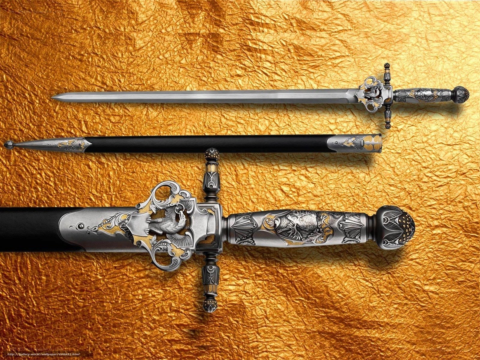ornate swords on gold background