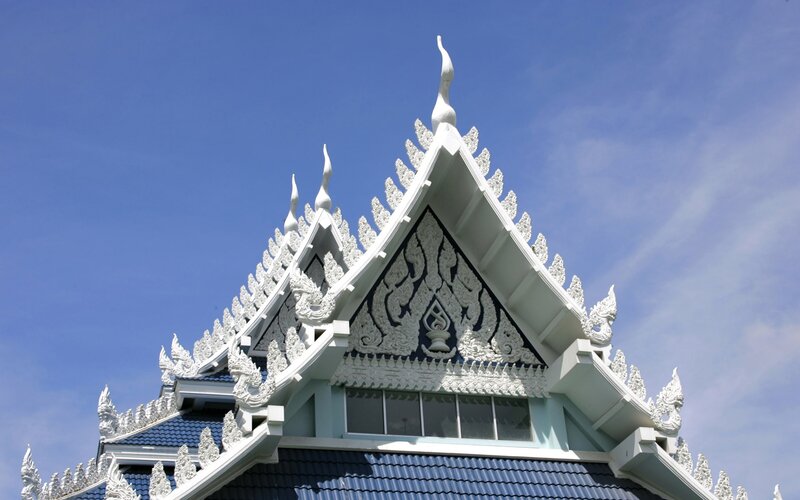 ornate temple roof against blue sky