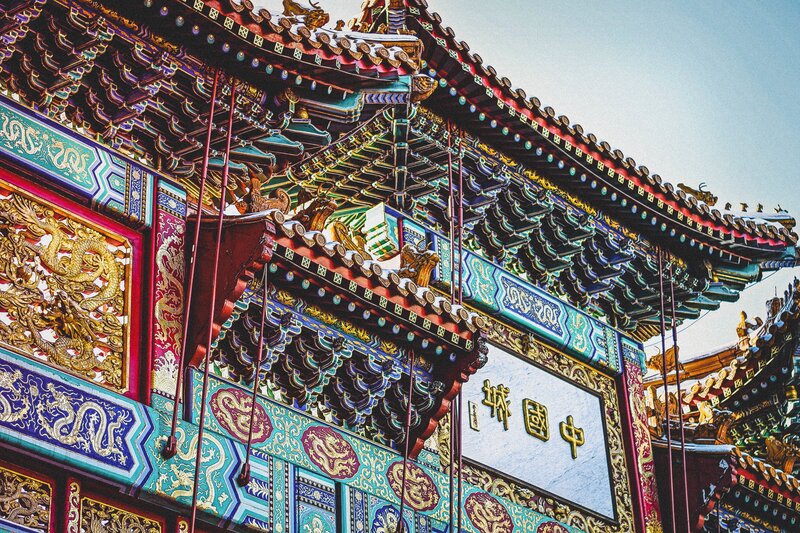 Ornate Temple Roof — Blue, Dramatic, Afternoon