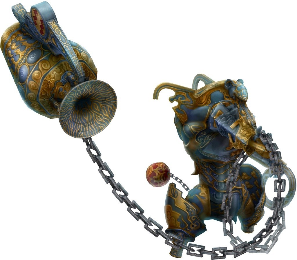 ornate weapon and armored figure