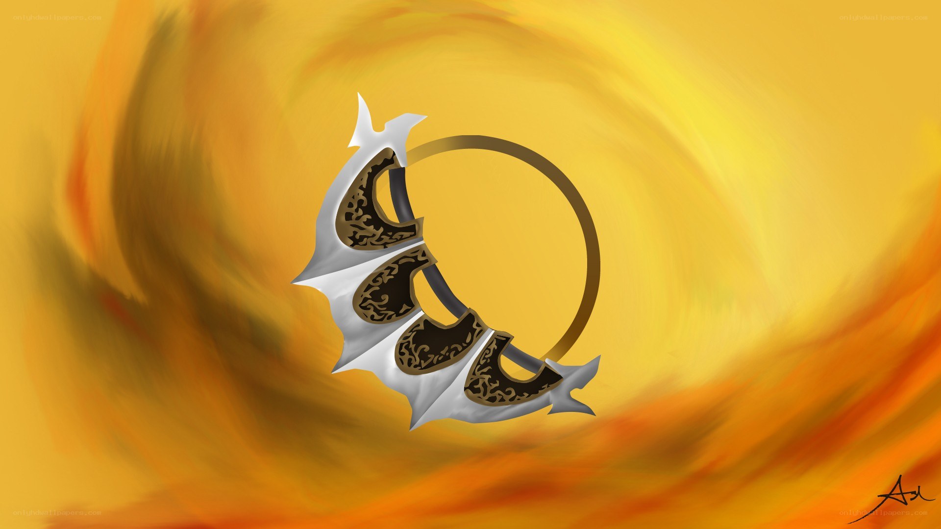ornate weapon on fiery background
