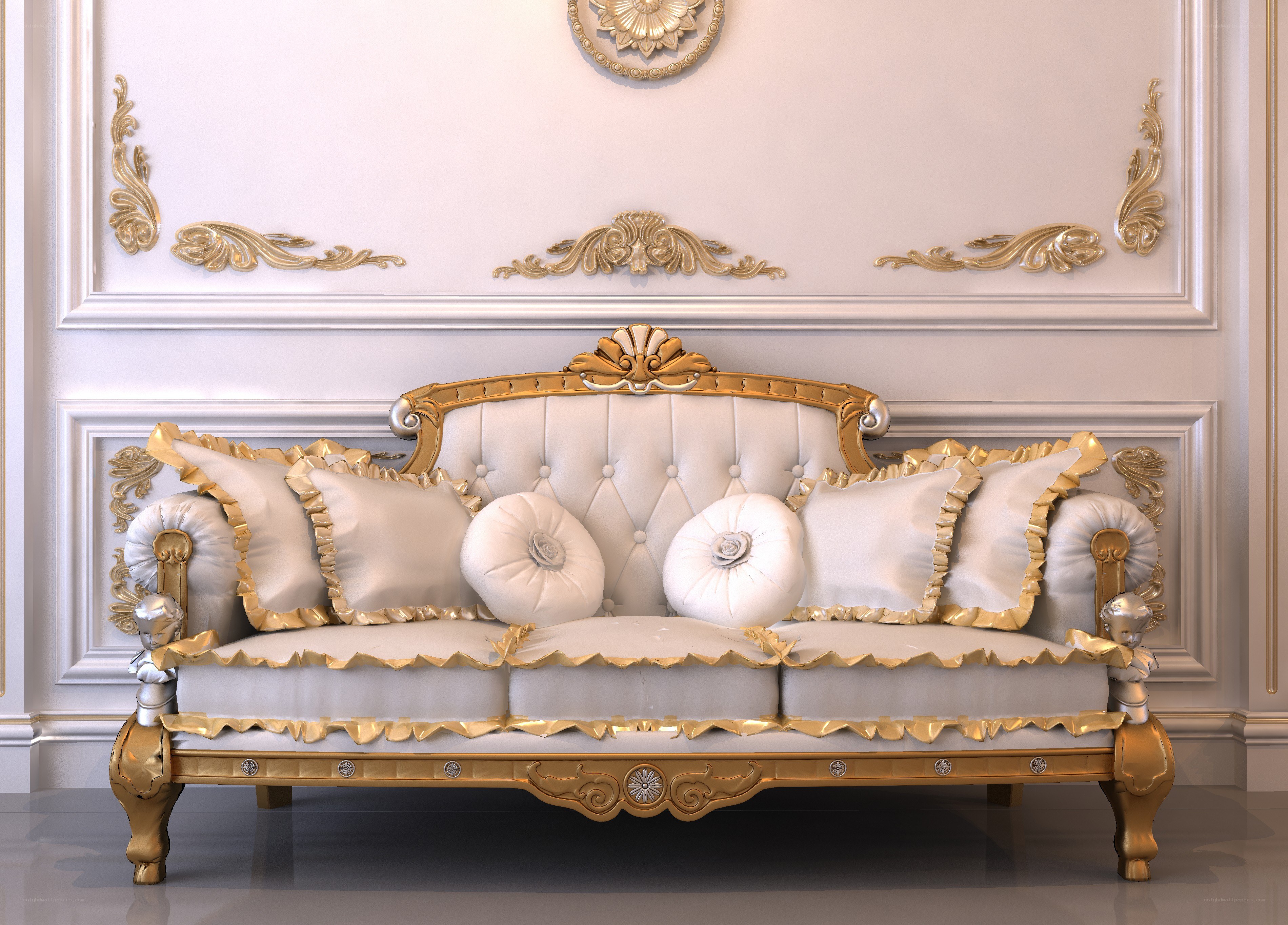 ornate white and gold sofa