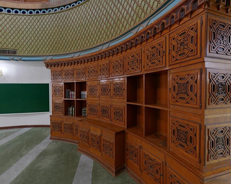ornate wooden bookshelf in mosque