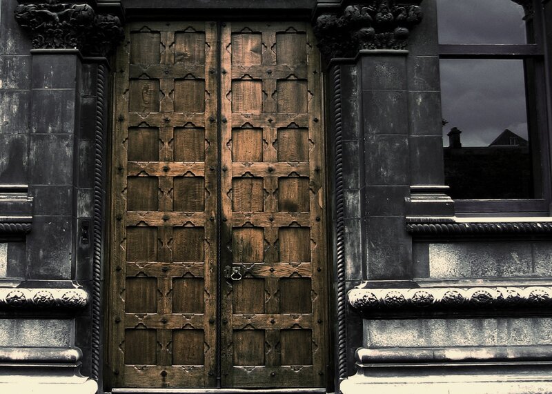 Ornate Wooden Door — Brown, Dramatic, Photograph