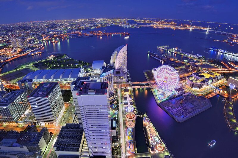 Osaka Bay at Night — Blue, Dramatic, Photograph, Ferris Wheel, Skyscrapers, Bridges