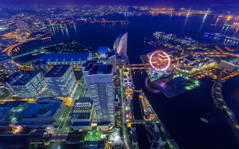 Osaka Bay at Night — Blue, Dramatic, Photograph