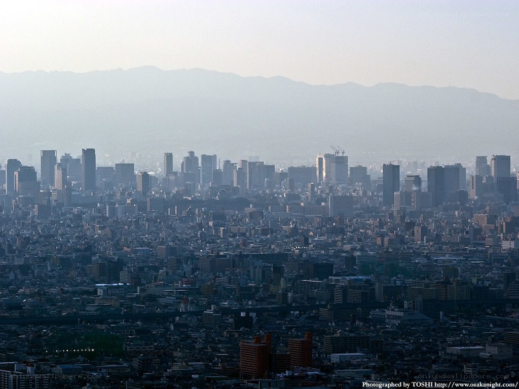 Osaka cityscape with mountains