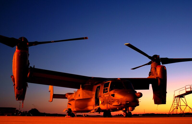 Osprey aircraft at sunset