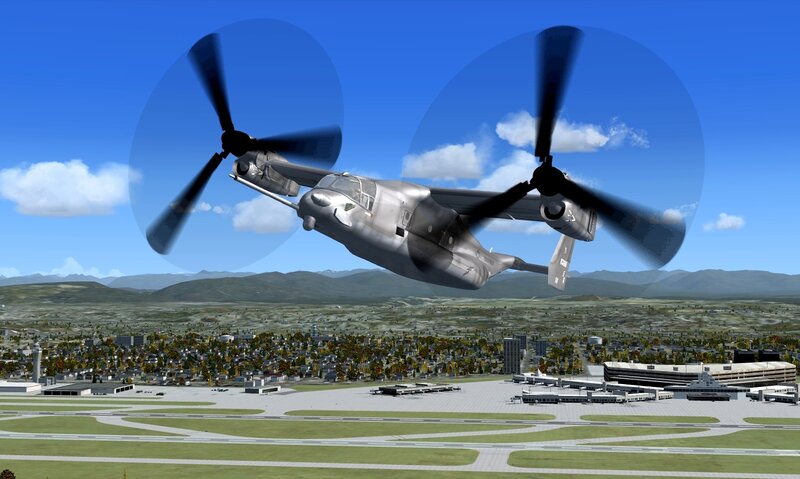 Osprey helicopter over airport