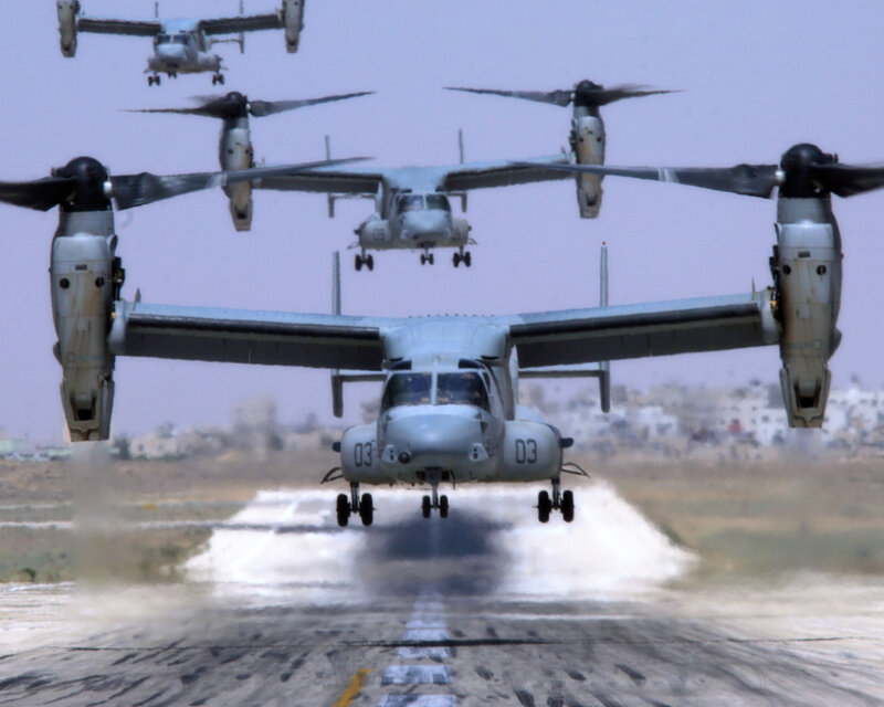 Osprey helicopters in formation