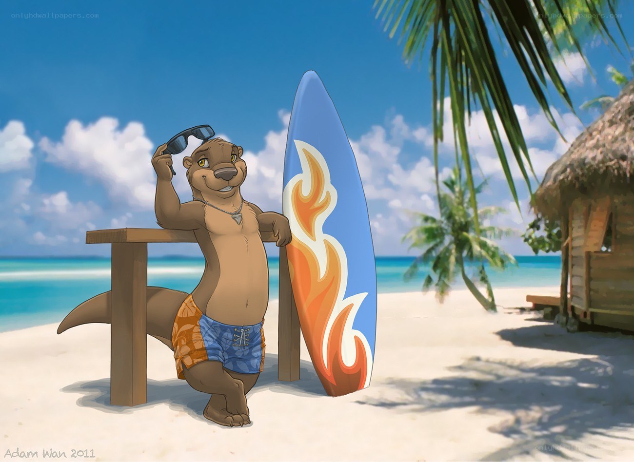 otter with surfboard on beach